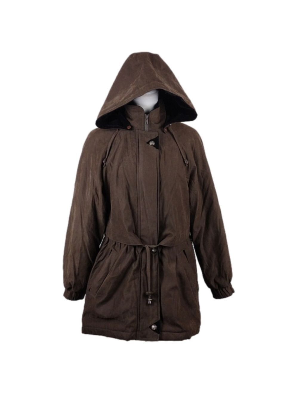 IZZI Brown Faux Suede Leather Hooded Long Sleeve Mid Length Zip Up Winter Coat